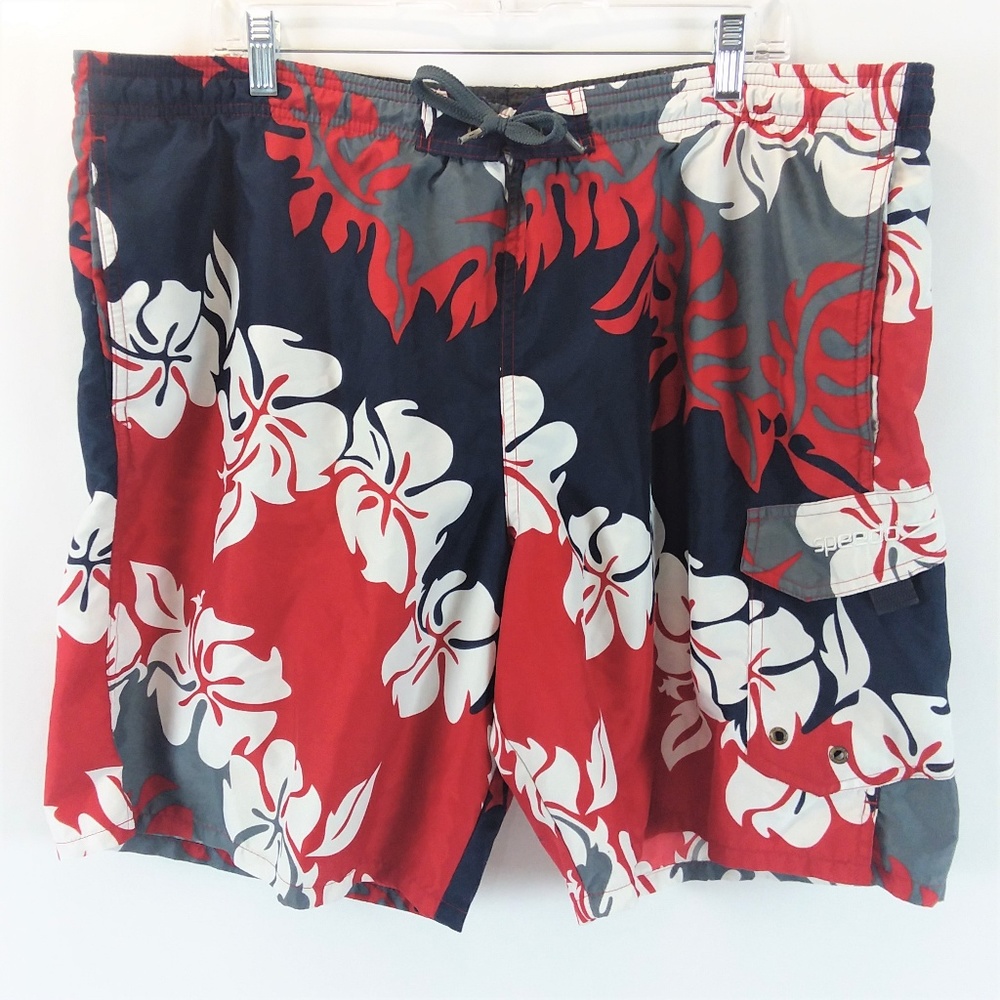 Speedo Mens Boardshorts Hawaiian Red White Blue Floral Print Swim Trunks Size L